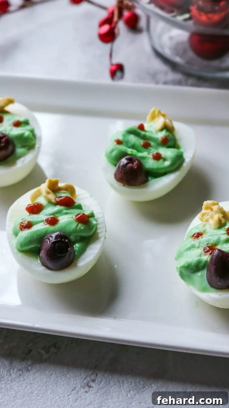 Tray of Christmas Tree Deviled Eggs.