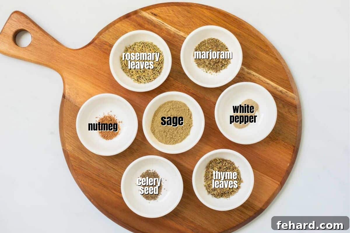 Spices in Poultry Seasoning Small white dishes containing various spices labeled for poultry seasoning ingredients.