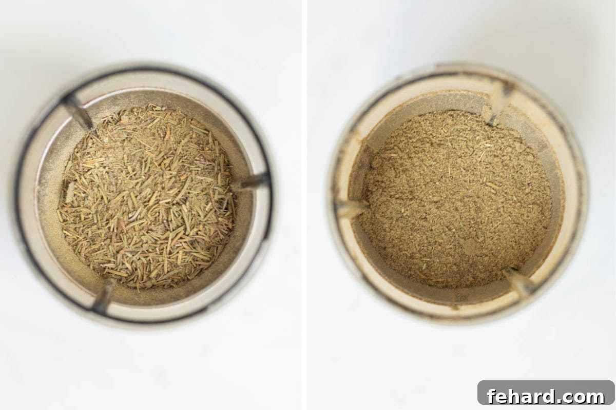 Best Poultry Seasoning Recipe Side by side comparison photo of a spice grinder: one side shows whole spices, the other shows them finely ground.