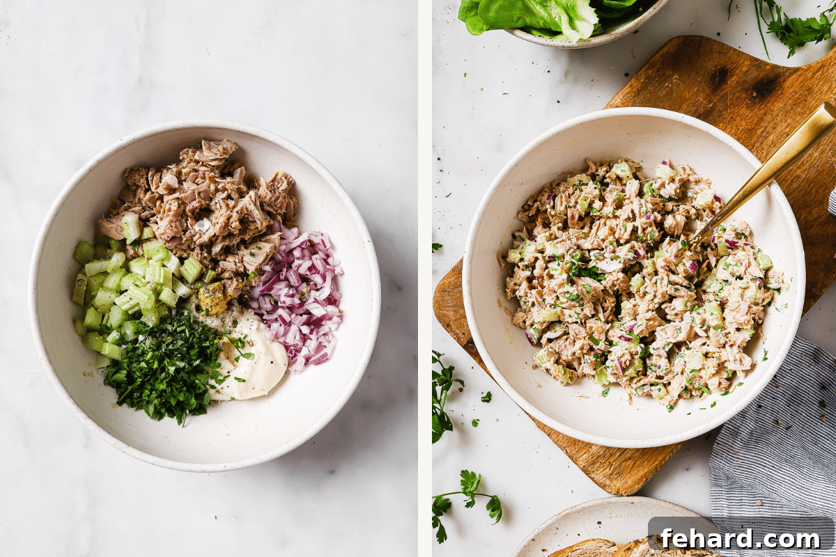 Left: tuna salad ingredients in a bowl. Right: tuna salad mixed together.