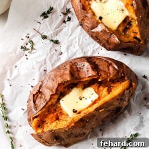 overhead view of Air Fryer Baked Sweet Potato on a countertop and parchment paper.