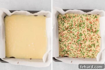 Side by side photos showing white chocolate fudge layer spread out in baking dish before and after adding christmas sprinkles.