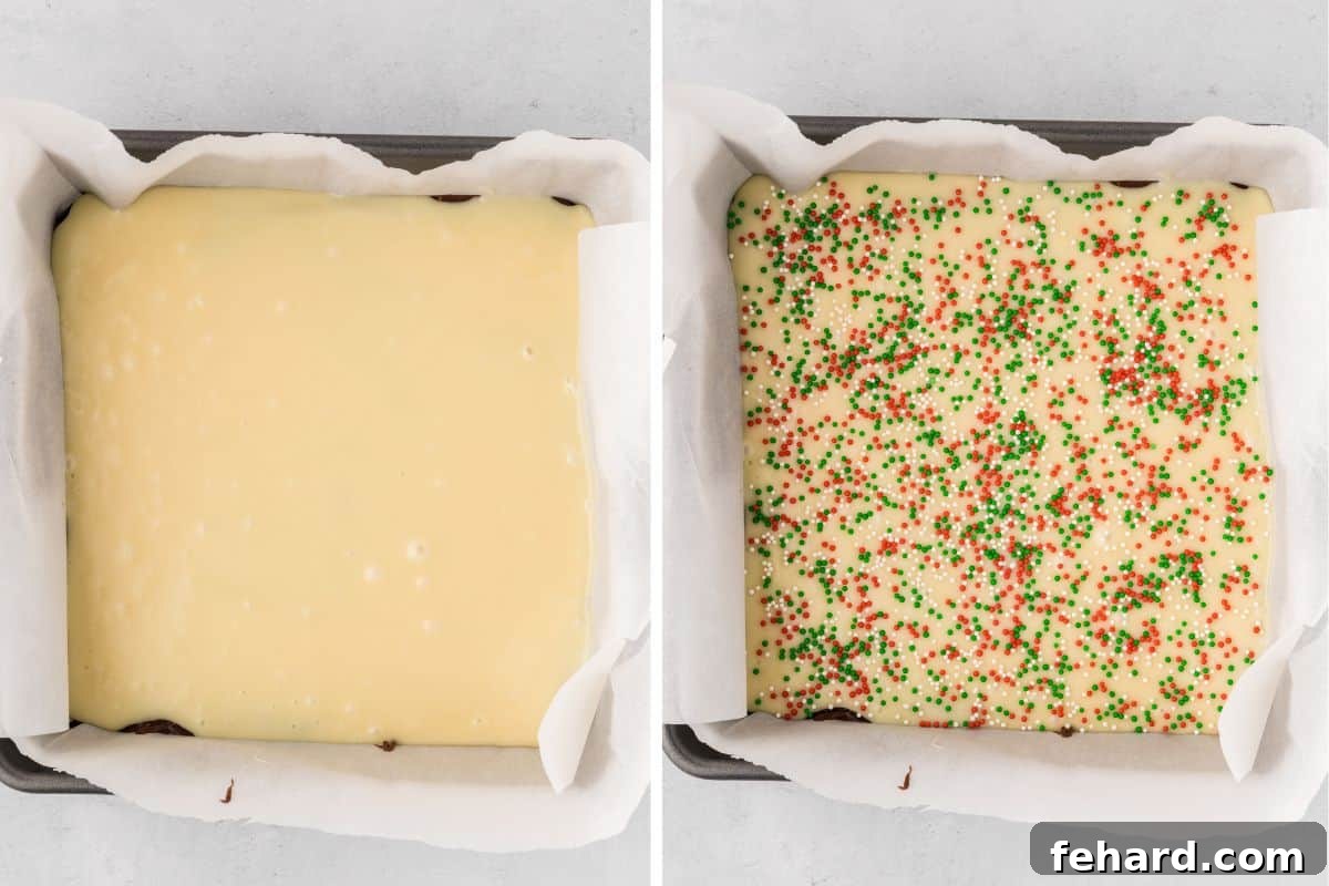 Side by side photos showing white chocolate fudge layer spread out in baking dish before and after adding christmas sprinkles.