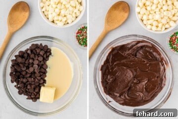 Side by side photo showing semi-sweet chocolate chips before and after melting with sweetened condensed milk.