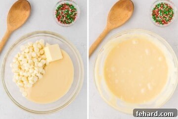 Side by side photos of mixing bowl before and after melting white chocolate chips with sweetened condensed milk.
