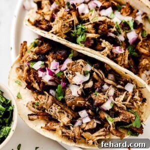 A vibrant close-up of Carnitas Tacos, showcasing the crispy pork and fresh toppings.