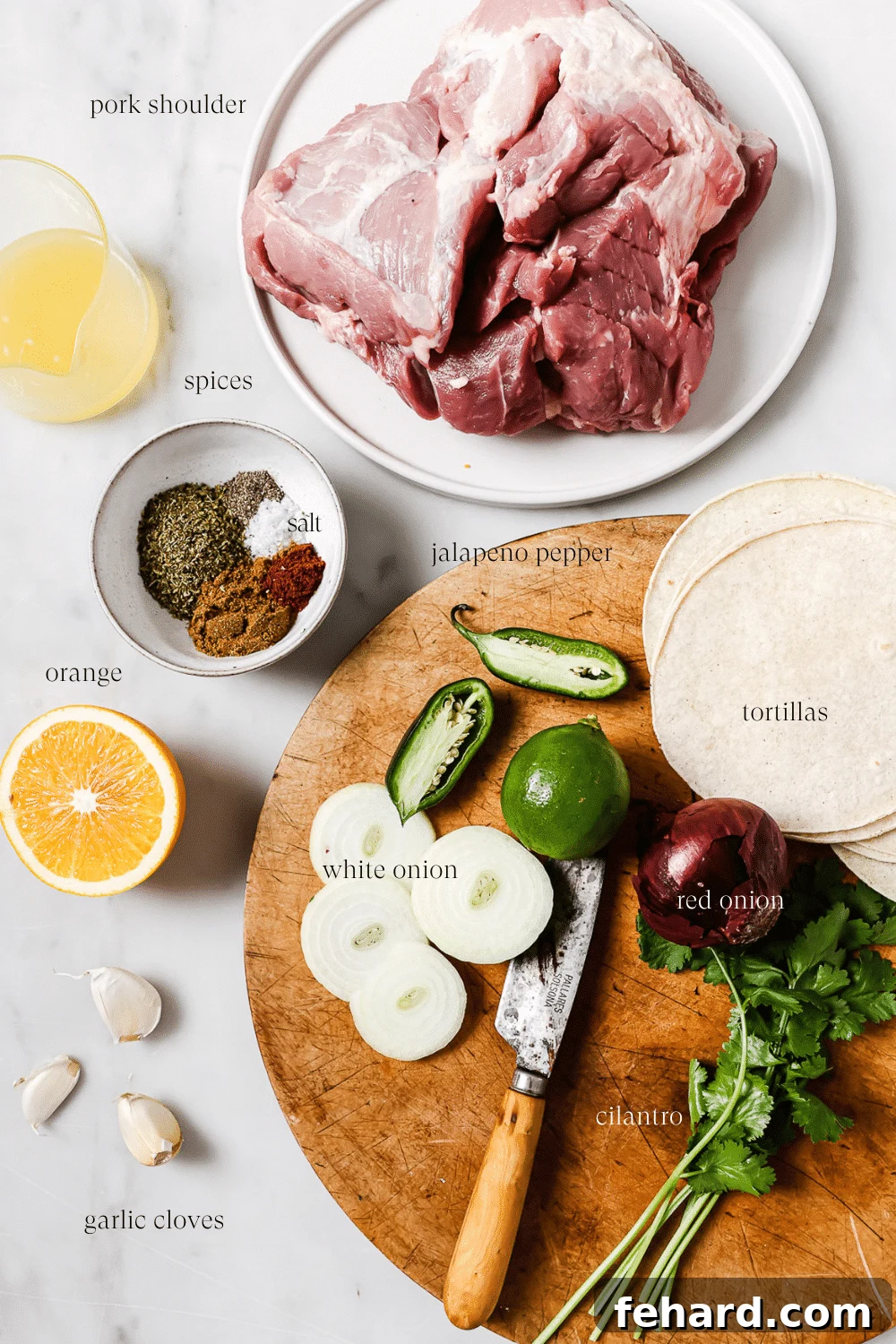 All of the fresh ingredients, including pork shoulder, oranges, onions, garlic, and spices, are prepped and neatly laid out on a clean white countertop.