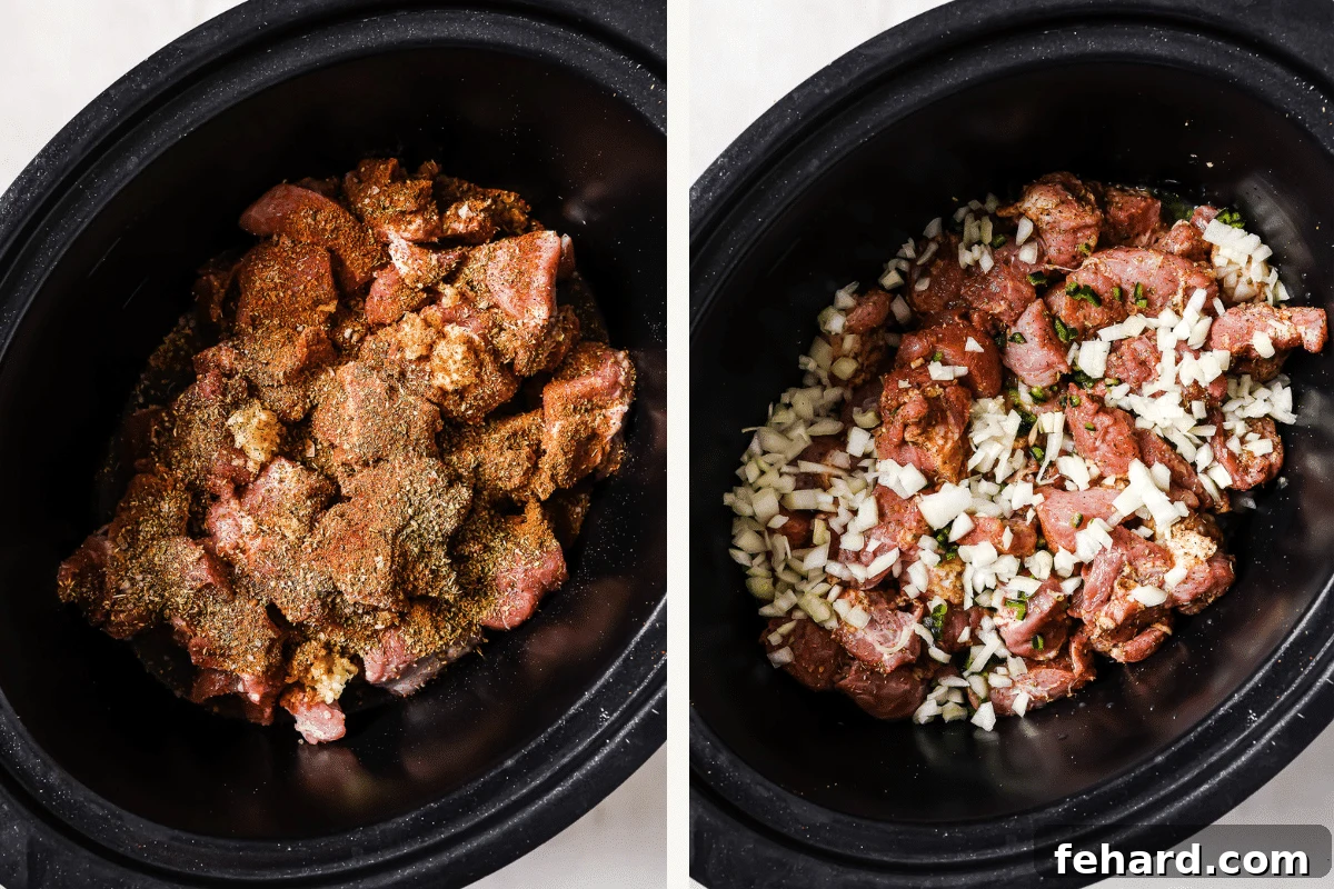 Left: Chunks of pork shoulder seasoned with spices in a slow cooker. Right: Chopped onions, jalapeño, and fresh orange juice have been added to the pot.