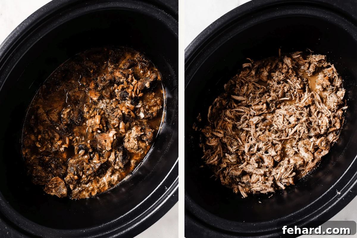 Left: Tender pork shoulder, fully cooked and submerged in flavorful juices in a slow cooker. Right: The same pork shoulder, expertly shredded and ready for the final crisping stage.