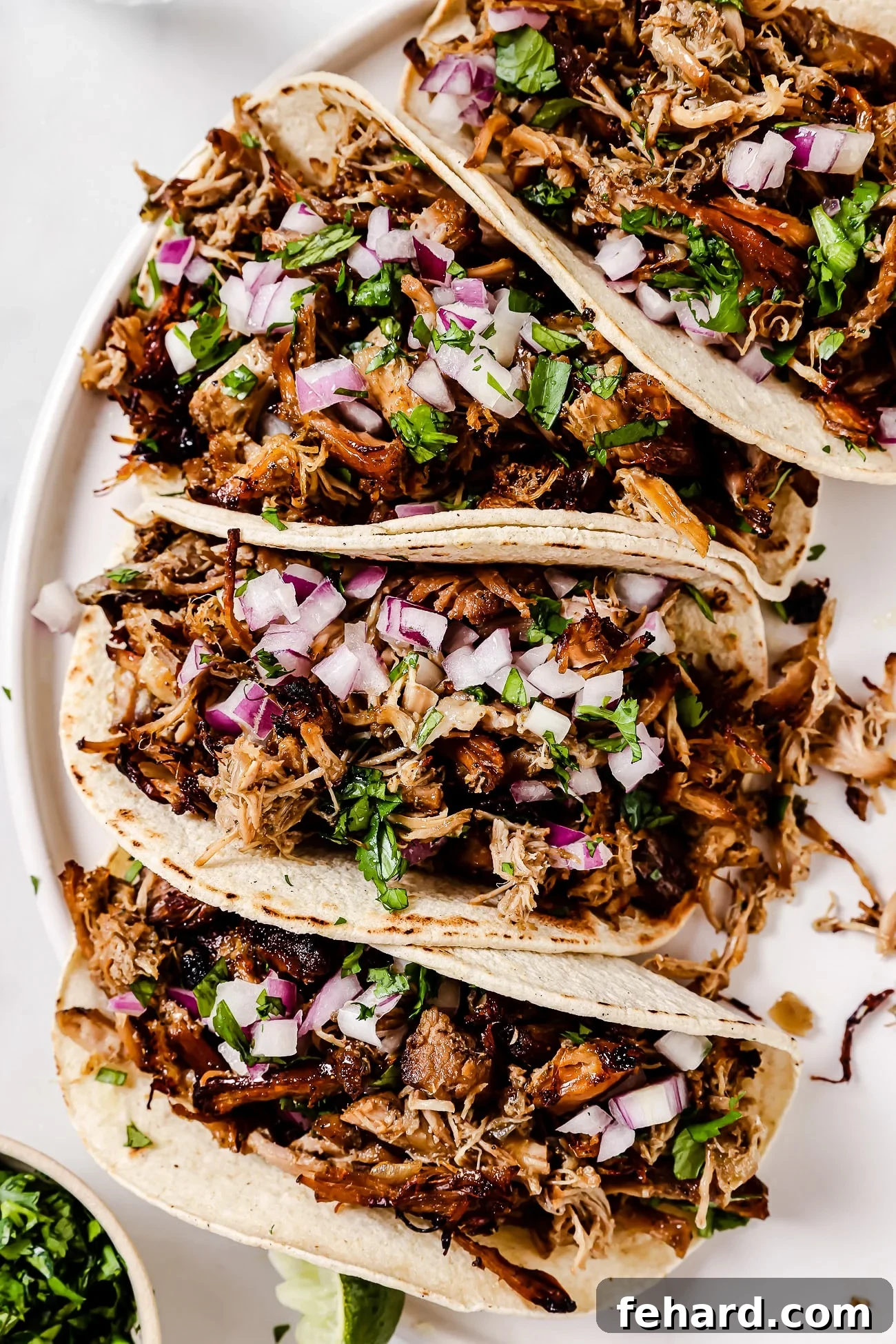An inviting overhead view of four vibrant carnitas tacos, beautifully arranged with various fresh toppings on a pristine white plate.