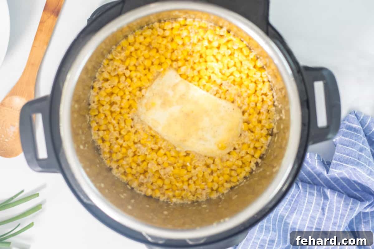Instant Pot contents after pressure cooking, showing melted cream cheese and butter before stirring.