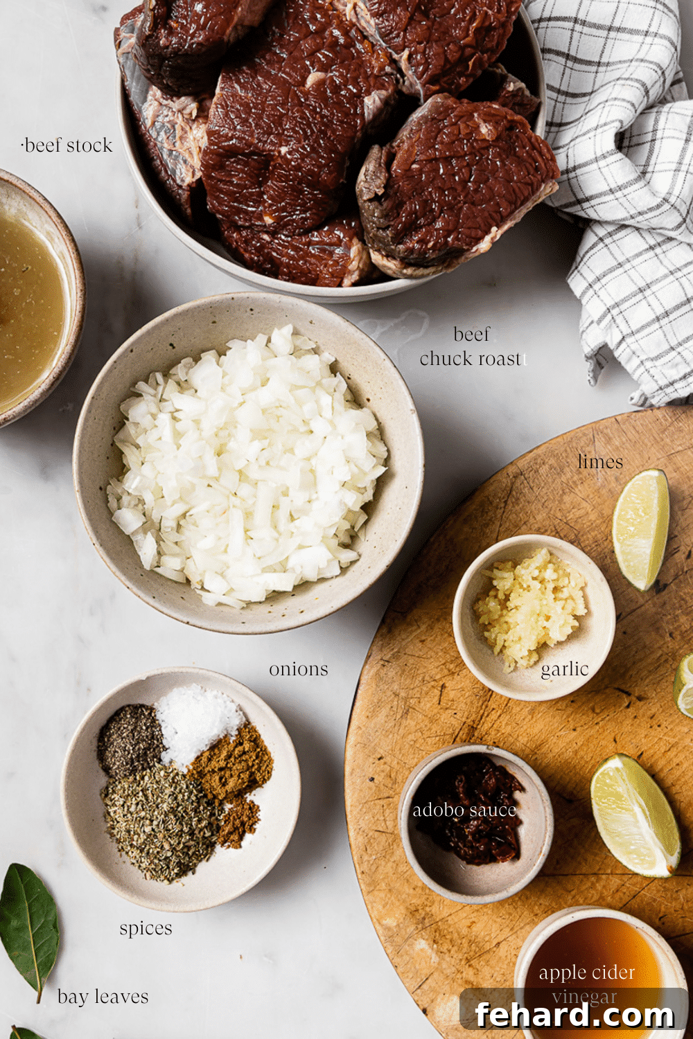 An overhead view of the recipe ingredients prepped in small bowls.