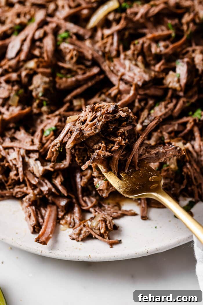 Shredded barbacoa on a white plate with a gold fork on the side.