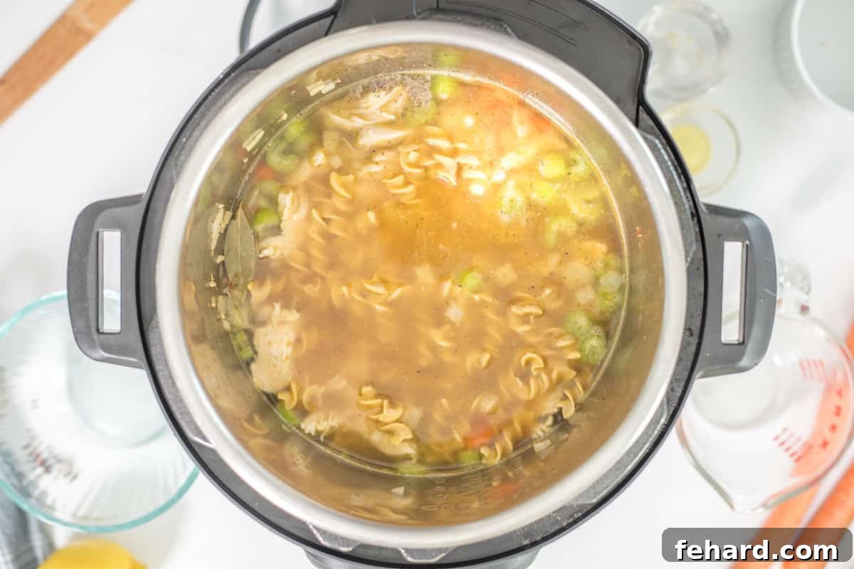All ingredients for turkey noodle soup layered inside the Instant Pot inner pot, ready for pressure cooking.