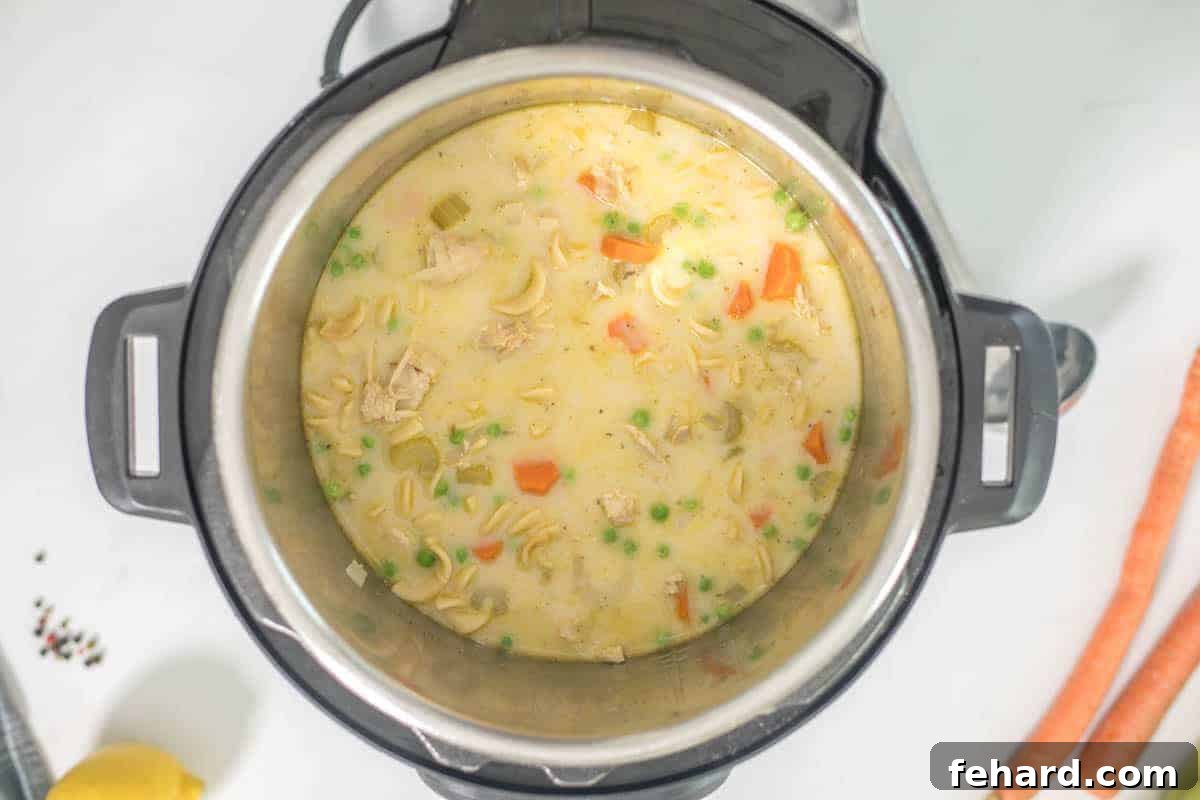 Creamy turkey noodle soup in the Instant Pot's inner pot, ready to be served, with carrots and celery visible.