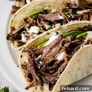 A vibrant close-up of fully assembled Barbacoa Tacos, garnished with fresh cilantro, diced onions, and avocado.