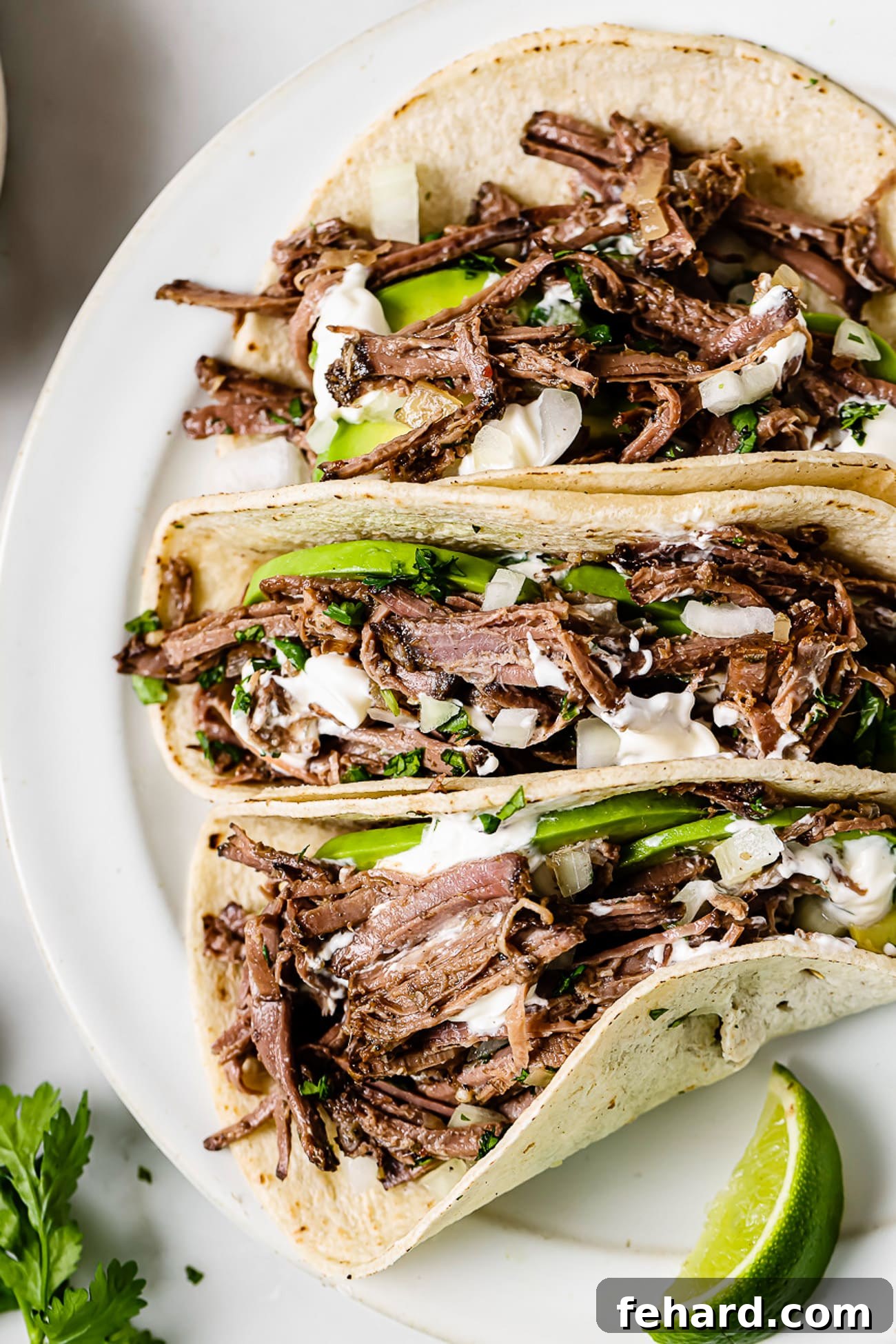 A vibrant image of barbacoa tacos, generously topped with fresh avocado slices, a dollop of sour cream, finely chopped cilantro, and crisp diced onions.
