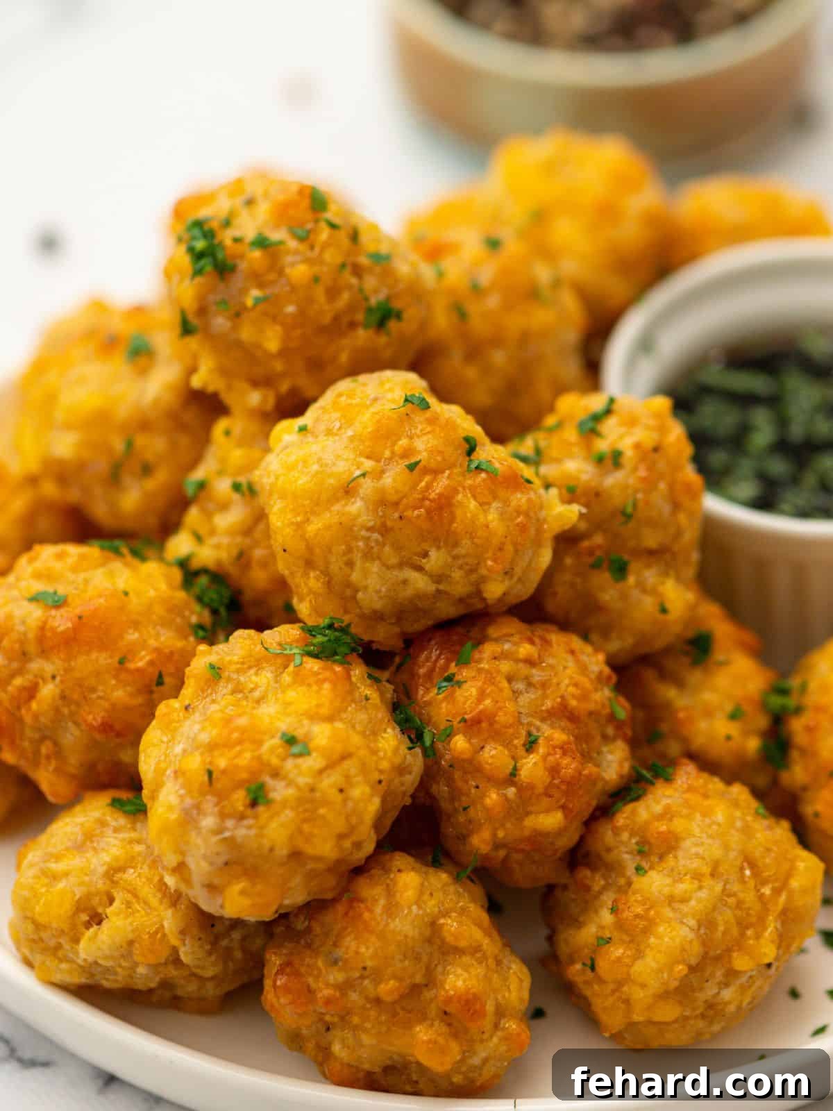 Plate of golden-brown homemade sausage balls with melted cheese, served alongside a small bowl of maple syrup for dipping.
