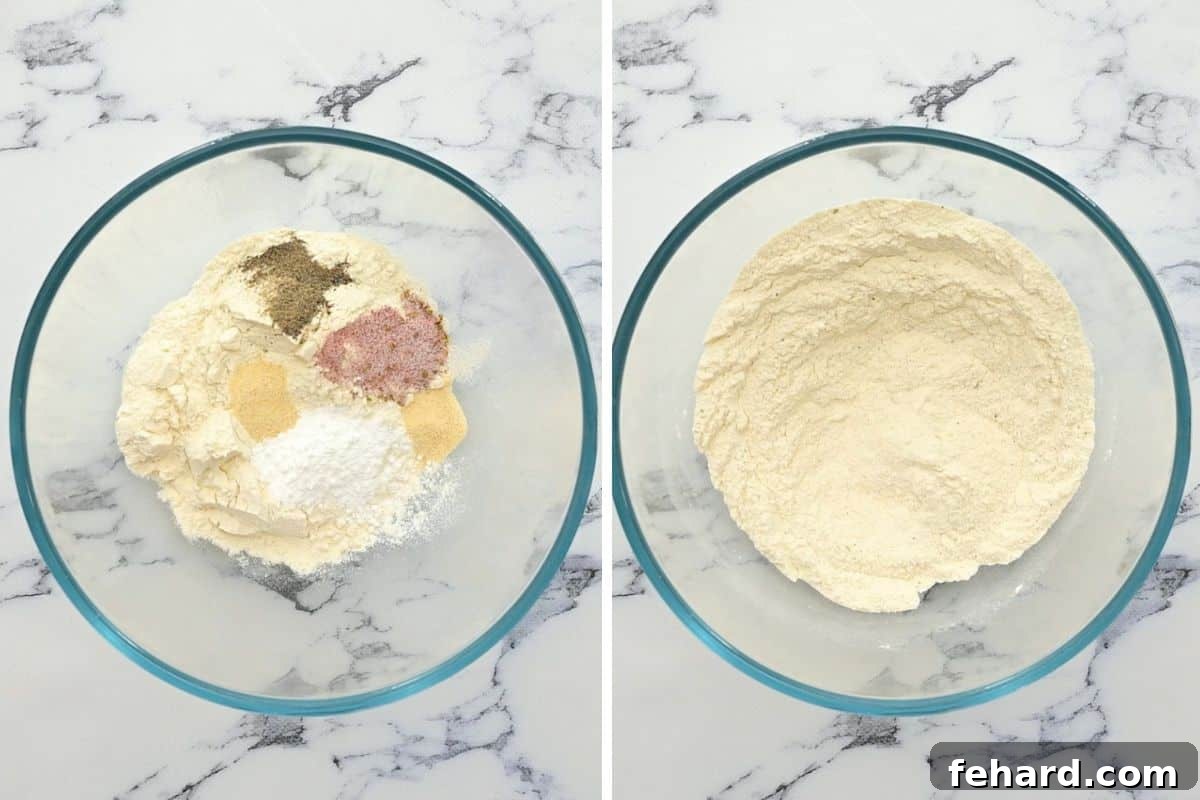 Side by side photo of a mixing bowl showing dry ingredients for homemade biscuit mix before and after being thoroughly combined.