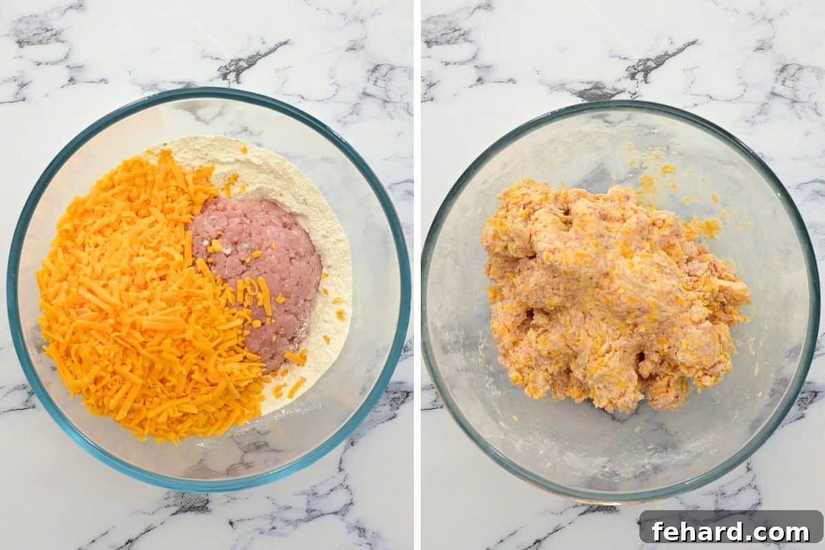 Side by side photos of a mixing bowl, first with sausage, cheese, and milk added to the dry mix, then after all ingredients have been gently combined by hand.