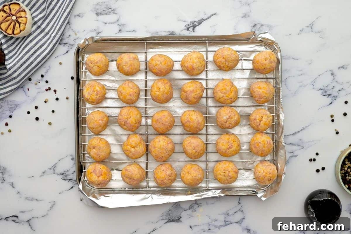Raw, rolled sausage balls neatly arranged on a wire rack set over a foil-lined baking sheet, ready for baking.