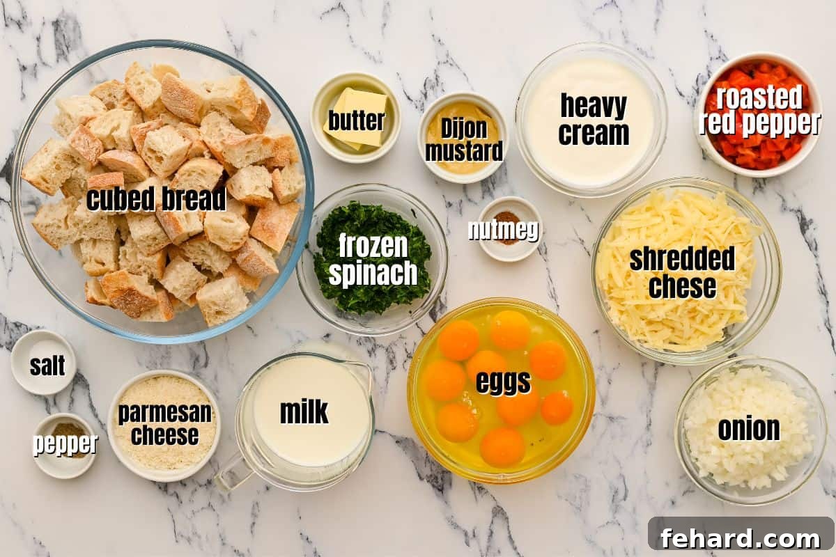 Ingredients for Breakfast Strata labeled on counter.