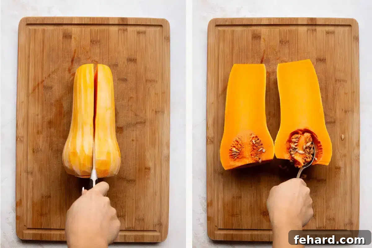 Golden Air Fryer Butternut Squash 4 left: peeled butternut squash on a wooden board. Scooping the seeds with a spoon.