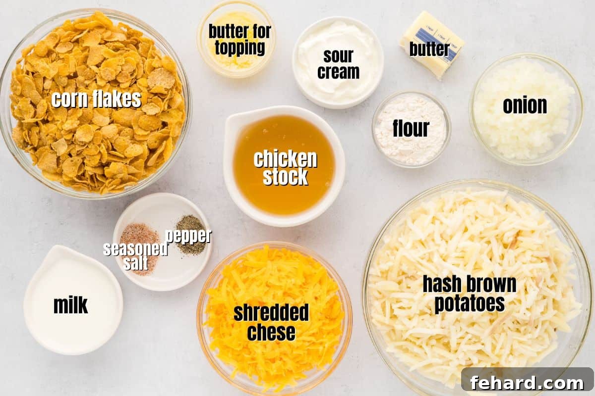 Carefully arranged ingredients for scratch-made hashbrown funeral potatoes on a kitchen counter, ready for preparation, showcasing fresh herbs and vegetables.