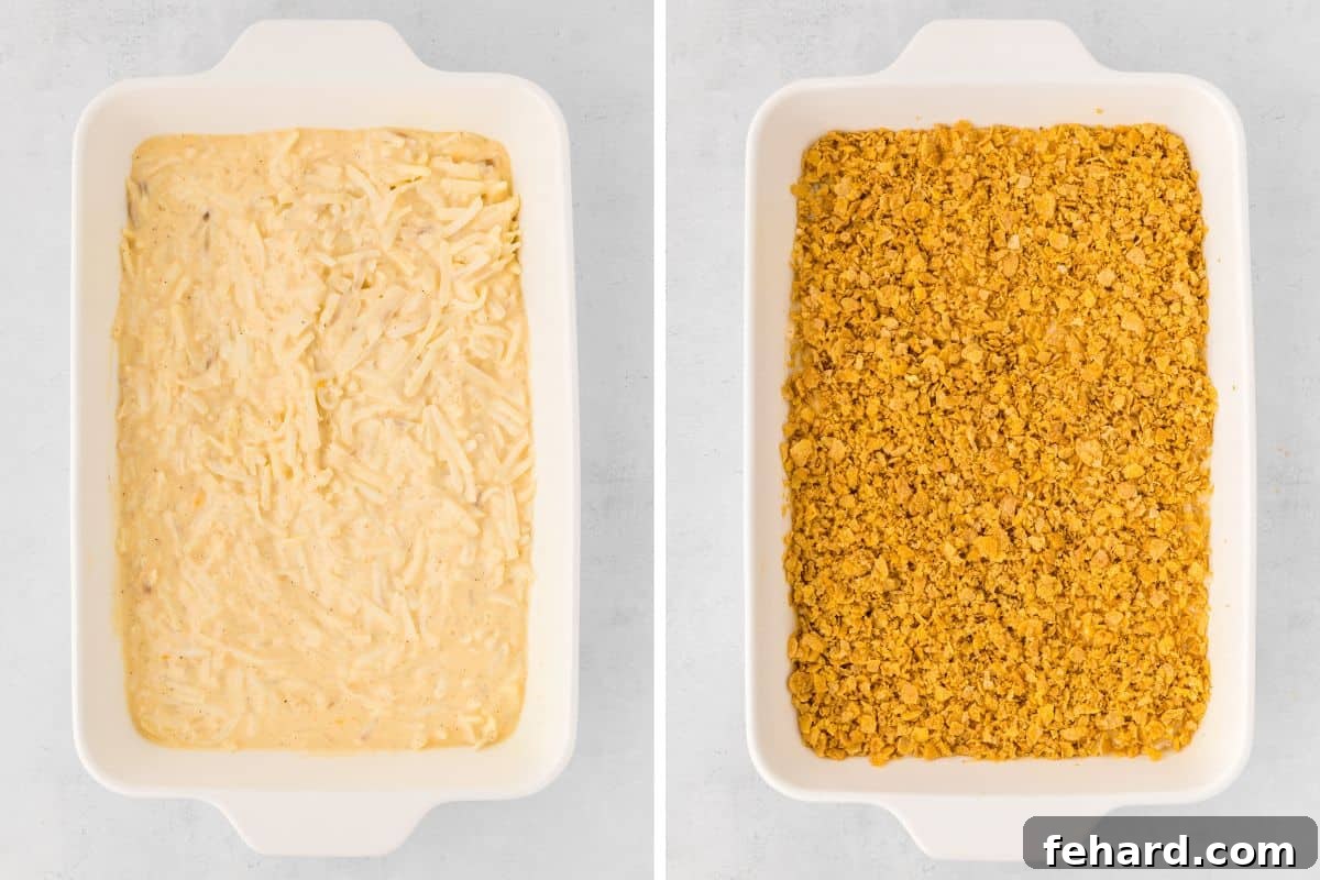 A side-by-side comparison showing the hash brown potato casserole mixture in a baking dish, first before and then after the crispy cornflake topping has been generously added.