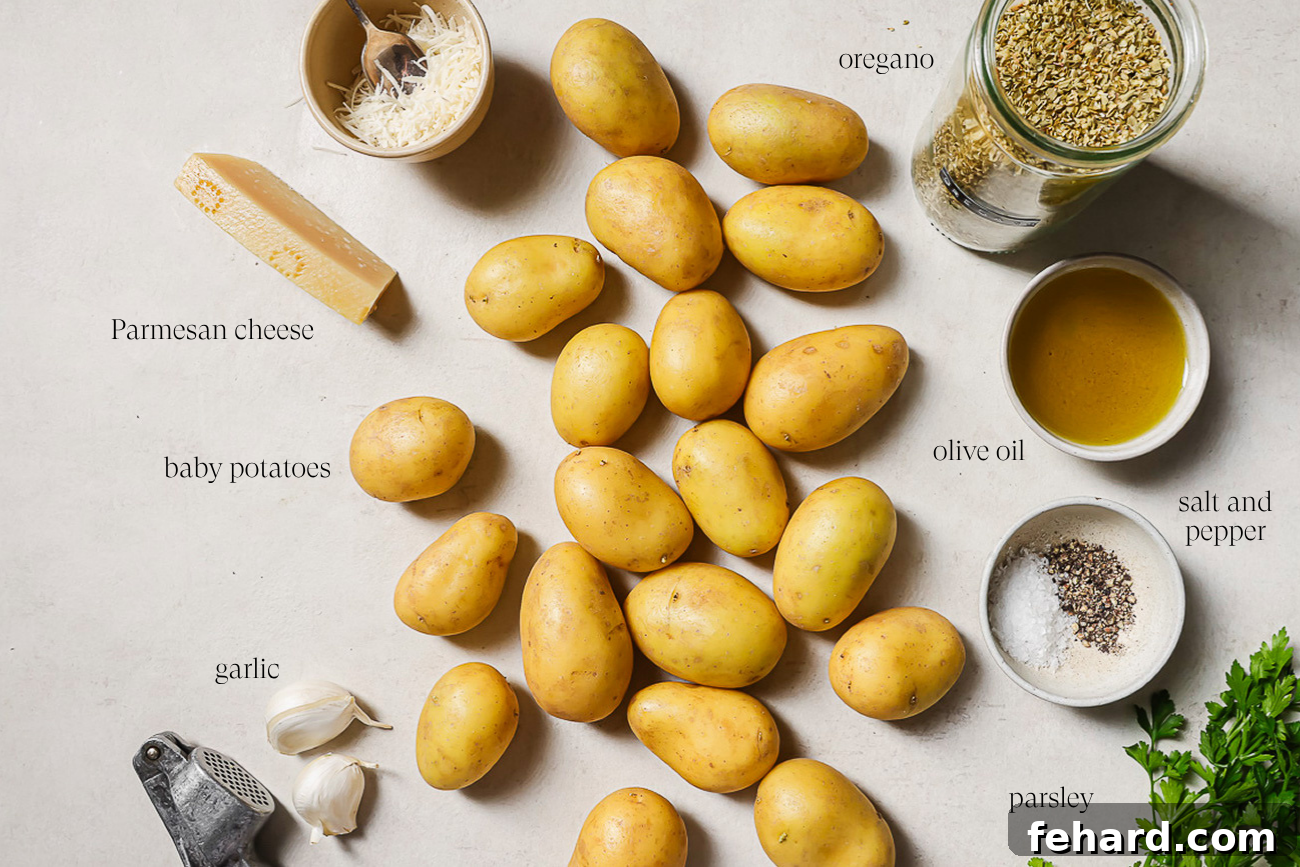 Crispy Smashed Potatoes 3 A selection of fresh ingredients laid out on a kitchen countertop, including baby potatoes, garlic, olive oil, and Parmesan cheese.