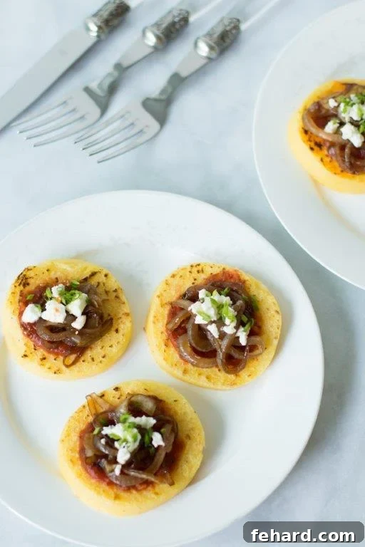 Polenta with Tomato Sauce, Balsamic Onions and Feta Grilled Polenta with Balsamic Onions, Tomato Sauce and Feta on a white plate