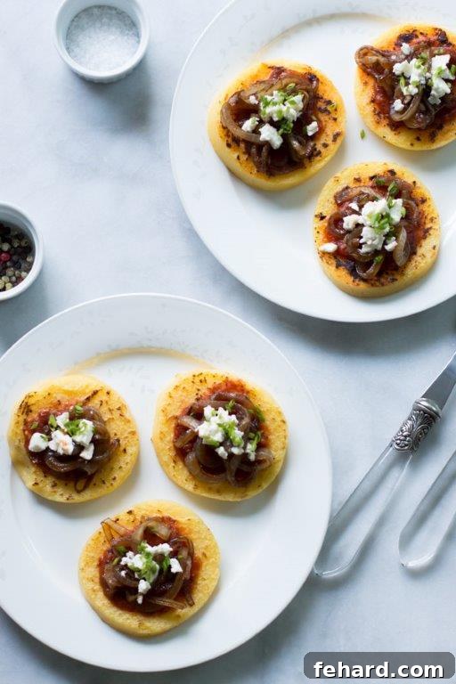 Polenta with Tomato Sauce, Balsamic Onions and Feta Two plates of Grilled Polenta with Tomato Sauce, Balsamic Onions and Feta
