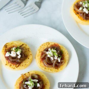 Creamy Polenta with Caramelized Balsamic Onions, Crumbled Feta, and Zesty Tomato Sauce 2 Grilled Polenta with Balsamic Onions, Tomato Sauce and Feta