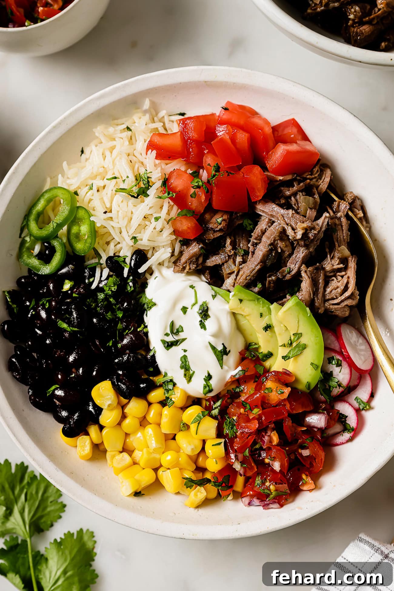 Smoky Barbacoa Bowl 5 A generously loaded Barbacoa Burrito Bowl viewed from above, showcasing an array of colorful vegetables and gourmet toppings, creating a vibrant and appetizing display.