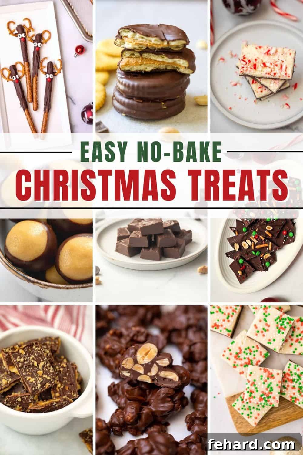 Easy No-Bake Christmas Treat Recipes Collection Collage of various easy no-bake Christmas treats like reindeer pretzels, peppermint bark, and fudge, with text that reads 'Easy Christmas Treats.'