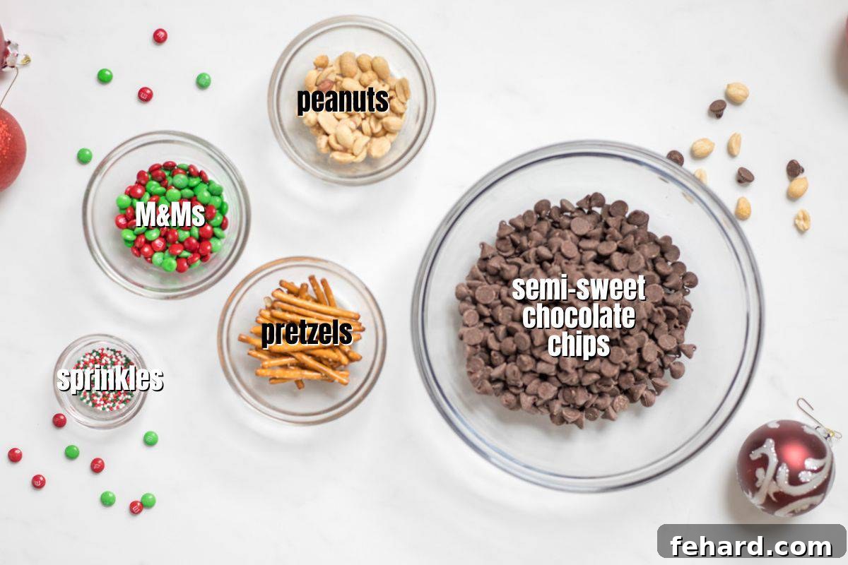 Ingredients for Easy Christmas Bark displayed on a kitchen counter, clearly labeled.