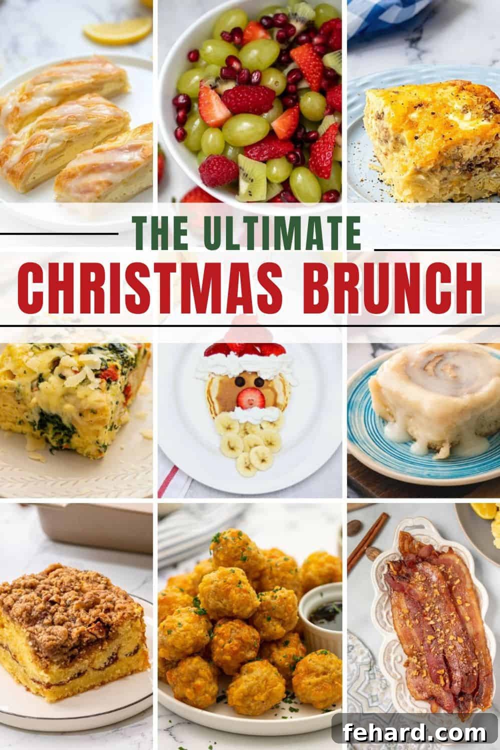 Collage of breakfast recipes with text overlay that reads, the ultimate Christmas Brunch Recipes. Featuring various festive dishes like cinnamon rolls, fruit salad, pancakes, and casseroles.