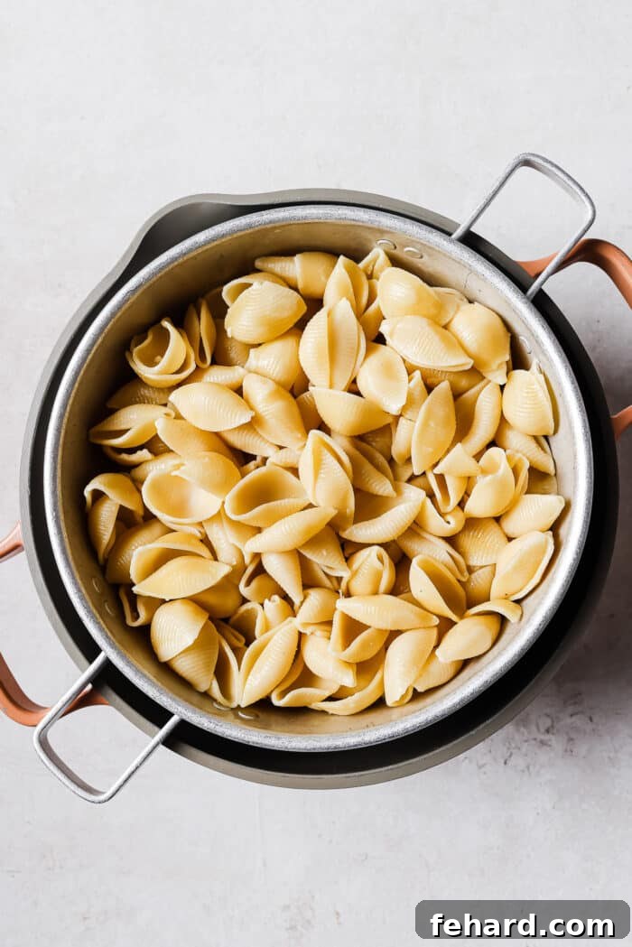A pot of freshly drained shell pasta, steaming gently, ready for the creamy sauce.