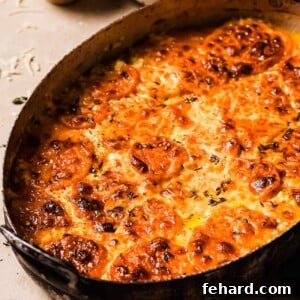 overhead view of sweet potato gratin, golden and bubbly.