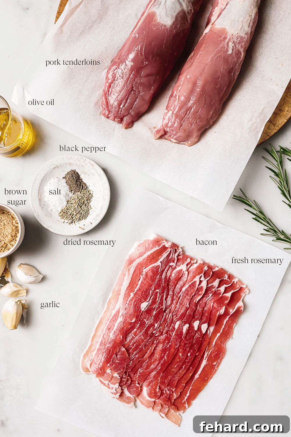 An overhead view of pre-measured ingredients on a white countertop. 