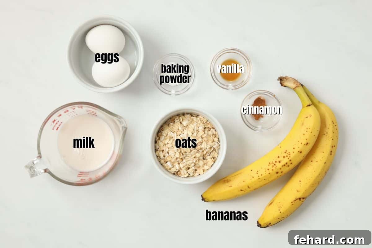 A vibrant flat lay of all the ingredients for banana oatmeal pancakes laid out on a kitchen counter: rolled oats, ripe bananas, milk, eggs, vanilla extract, cinnamon, and baking powder.