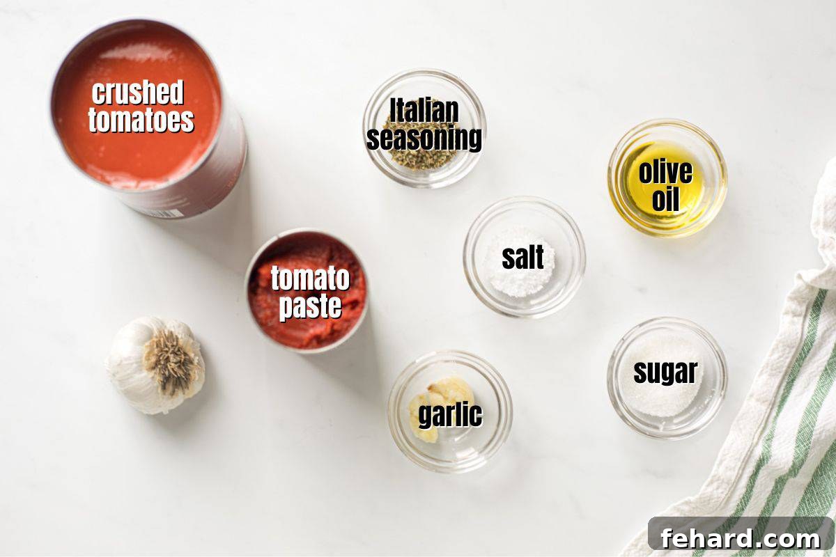 Simple Ingredients, Extraordinary Pizza Sauce Individual ingredients for homemade pizza sauce meticulously arranged on a kitchen counter, clearly labeled for easy identification and preparation.