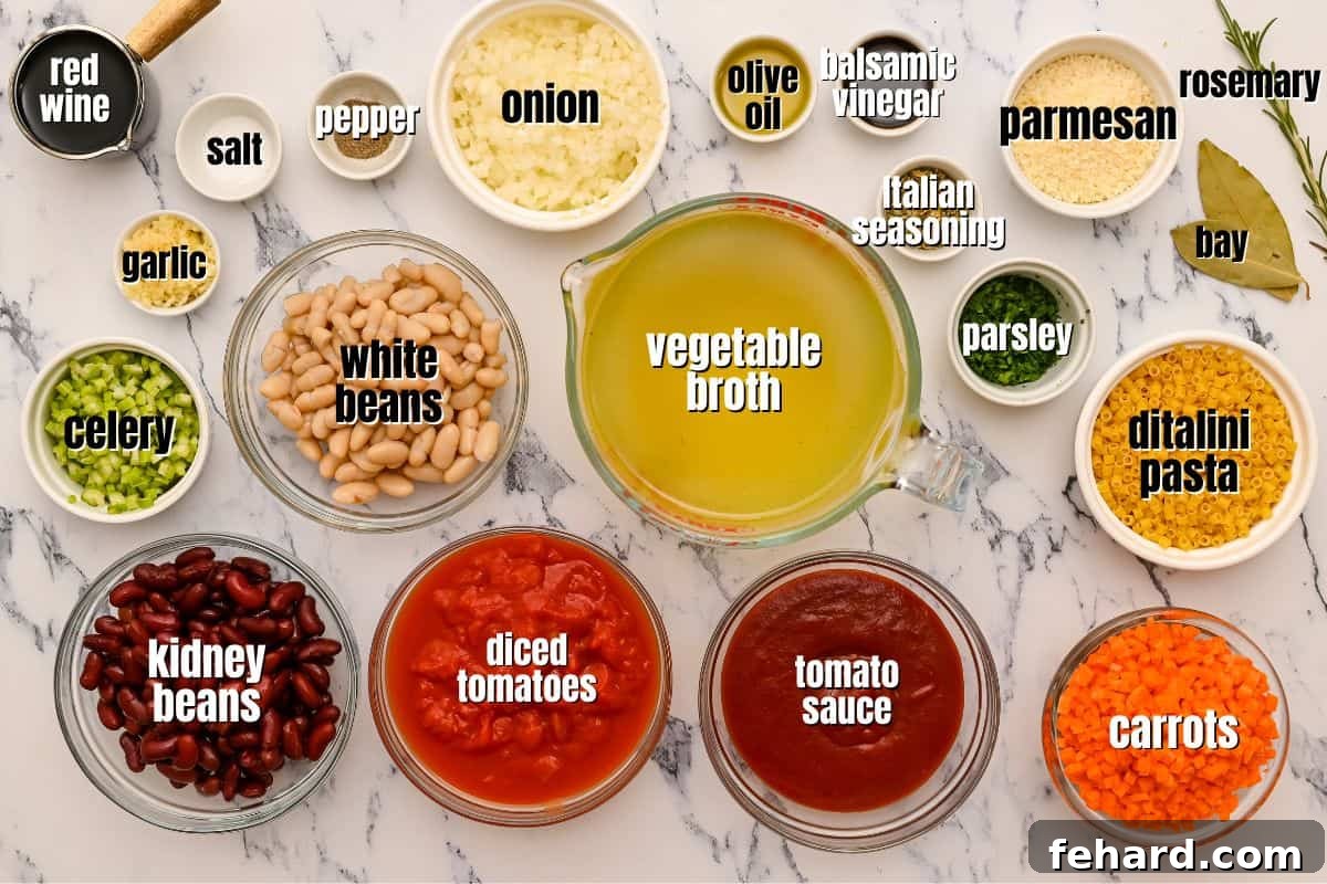 One Pot Wonder Pasta Fagioli 2 Individual ingredients for Pasta Fagioli, including onions, carrots, celery, garlic, beans, pasta, and canned tomatoes, neatly arranged on a kitchen counter.