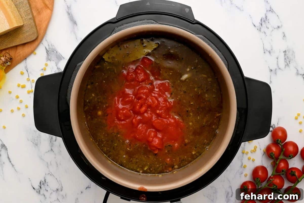 Pasta Fagioli Recipe All ingredients for Pasta Fagioli, including broth, beans, pasta, and tomatoes, carefully layered in the Instant Pot before cooking.