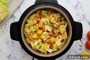 Ingredients for cabbage soup inside inner pot before pressure cooking.