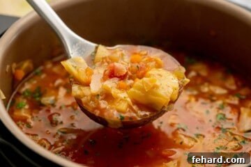 Ladle scooping out vegetarian cabbage soup from Instant Pot.