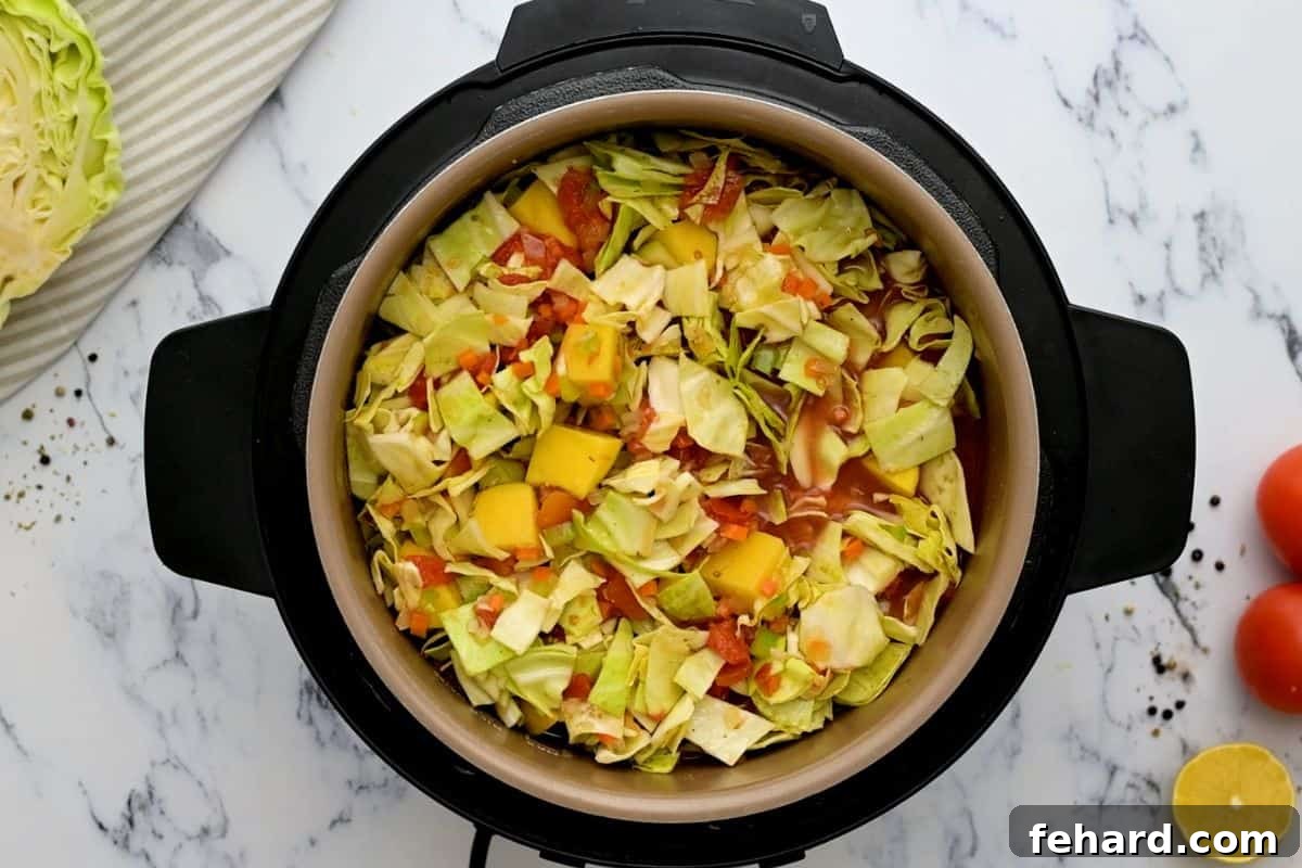Recipe Cabbage Soup - Layering Ingredients All ingredients for cabbage soup neatly layered inside the Instant Pot before pressure cooking.