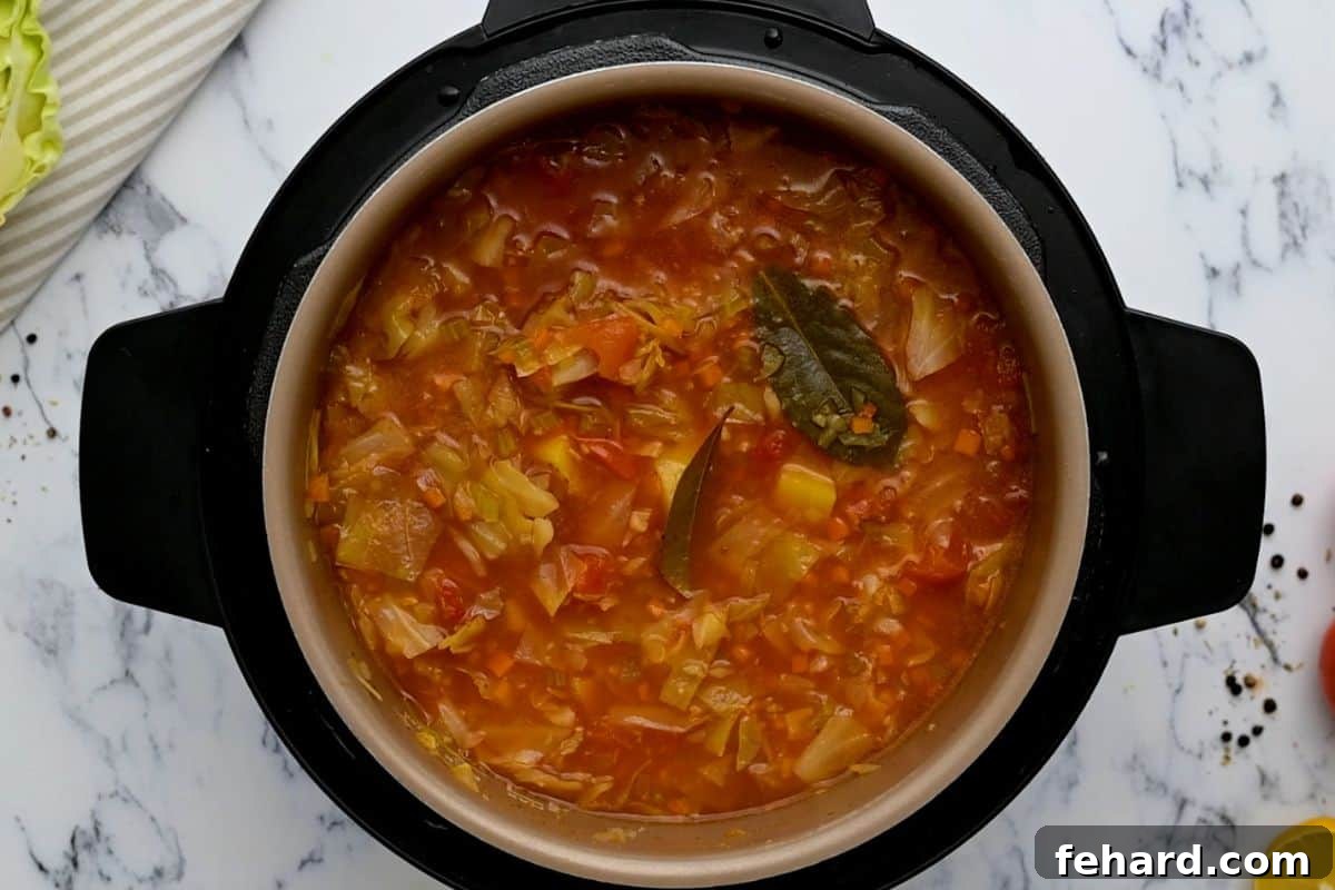 Best Cabbage Soup - Post Pressure Cook Ingredients for cabbage soup inside the Instant Pot after pressure cooking, perfectly tender.