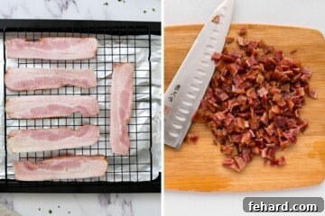 Crispy Stuffed Potato Shells 4 Side by side photo showing bacon on baking rack next to photo of crispy baked bacon on cutting board chopped into small pieces.