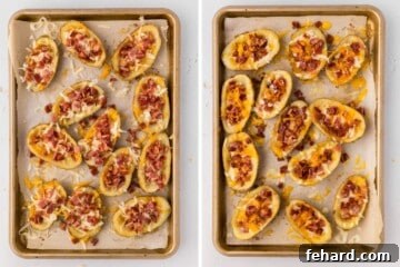 Crispy Stuffed Potato Shells 7 Side by side photo showing potato skins topped with cheddar, Monterrey Jack cheese, and bacon before and after baking.